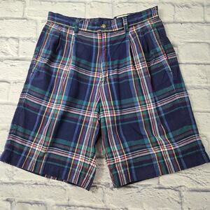 Eddie Bauer Men's Shorts Pleated Blue Plaid 100% Cotton Preppy Pockets size 30
